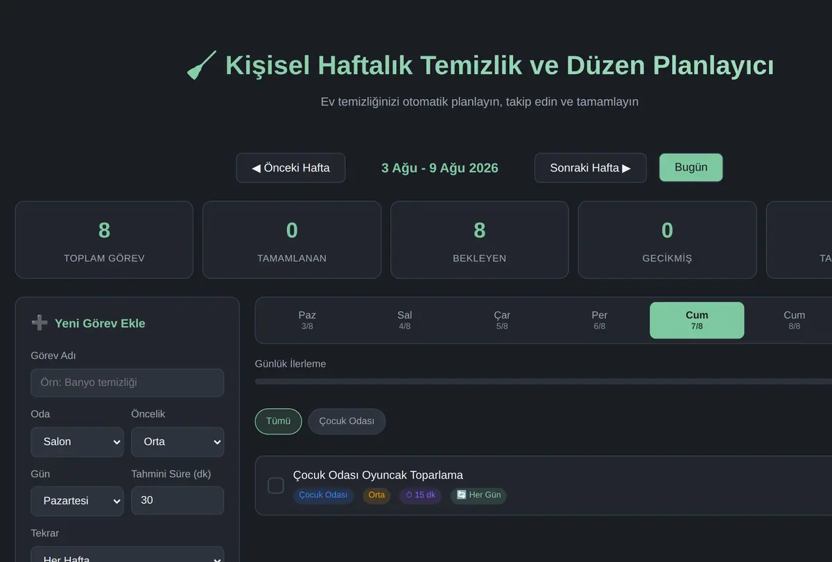 Kişisel Haftalık Temizlik ve Düzen Planlayıcı ekran görüntüsü