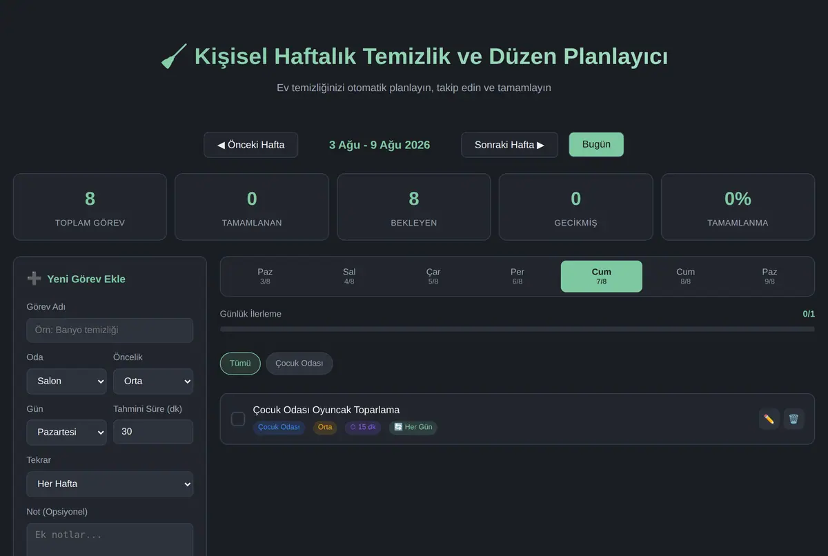 Kişisel Haftalık Temizlik ve Düzen Planlayıcı ekran görüntüsü 2