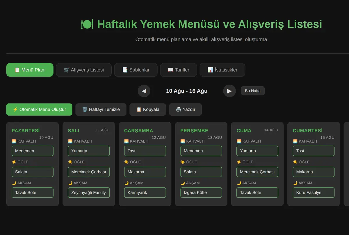 Haftalık Yemek Menüsü ve Alışveriş Listesi ekran görüntüsü