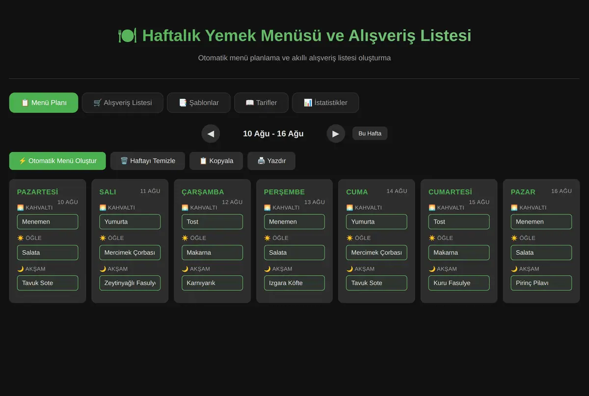 Haftalık Yemek Menüsü ve Alışveriş Listesi ekran görüntüsü 2