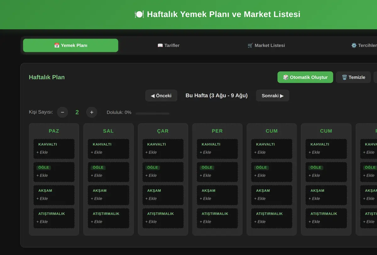 Haftalık Yemek Planı ve Market Listesi Oluşturucu ekran görüntüsü