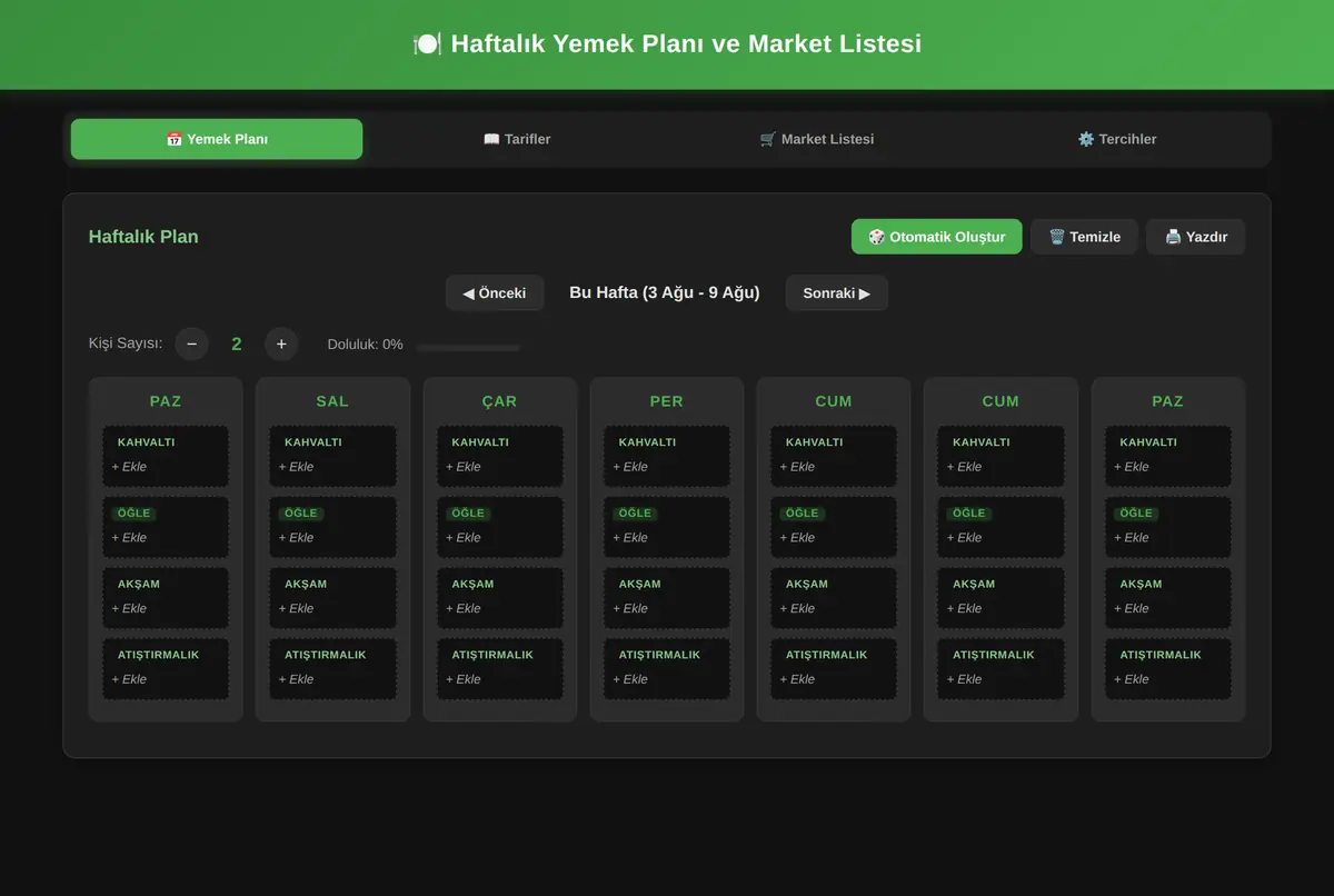 Haftalık Yemek Planı ve Market Listesi Oluşturucu ekran görüntüsü 3