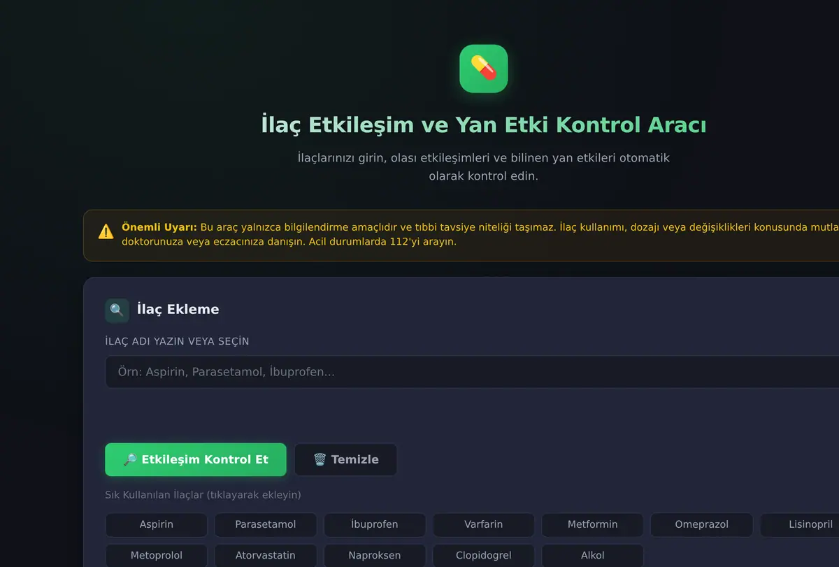 İlaç Etkileşim ve Yan Etki Kontrol Aracı ekran görüntüsü
