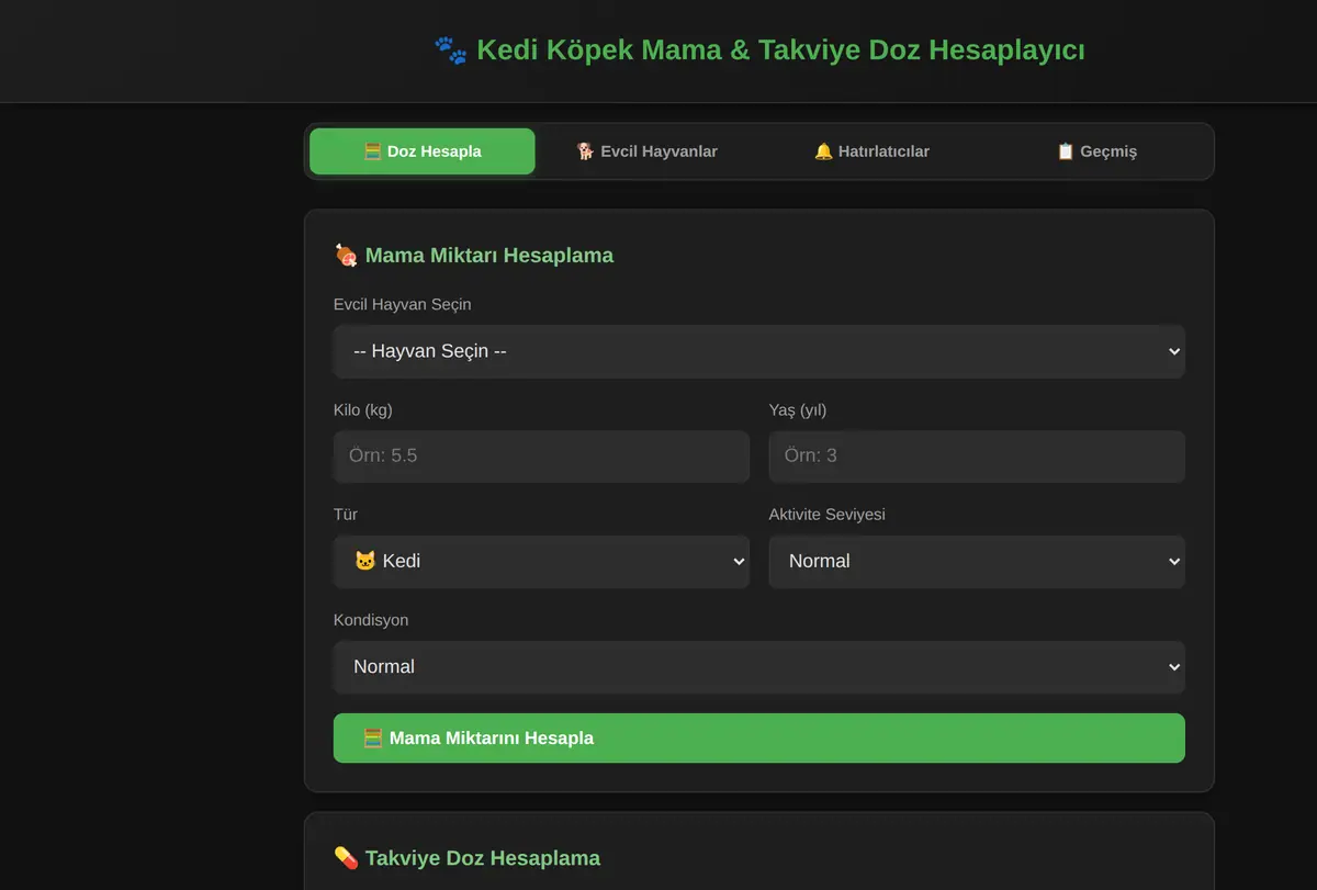 Kedi Köpek Mama & Takviye Doz Hesaplayıcı ekran görüntüsü