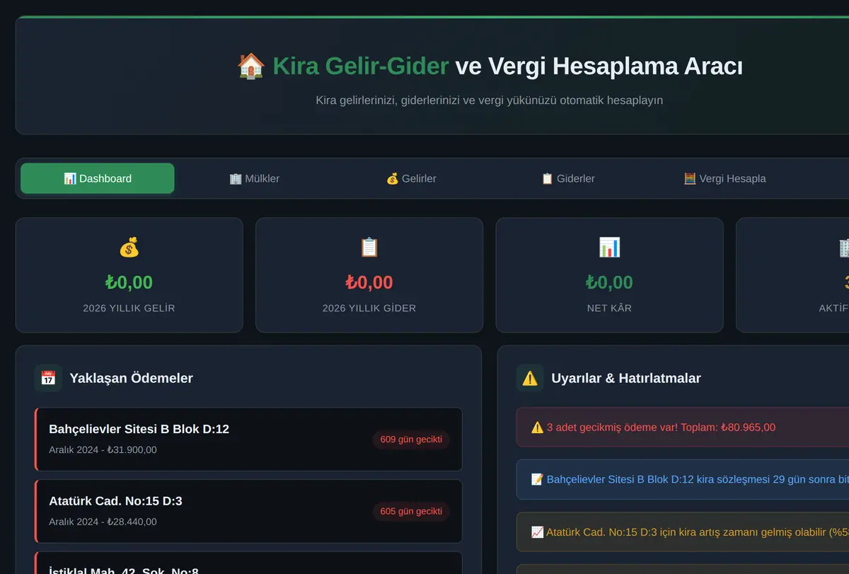 Kira Gelir-Gider ve Vergi Hesaplama Aracı ekran görüntüsü