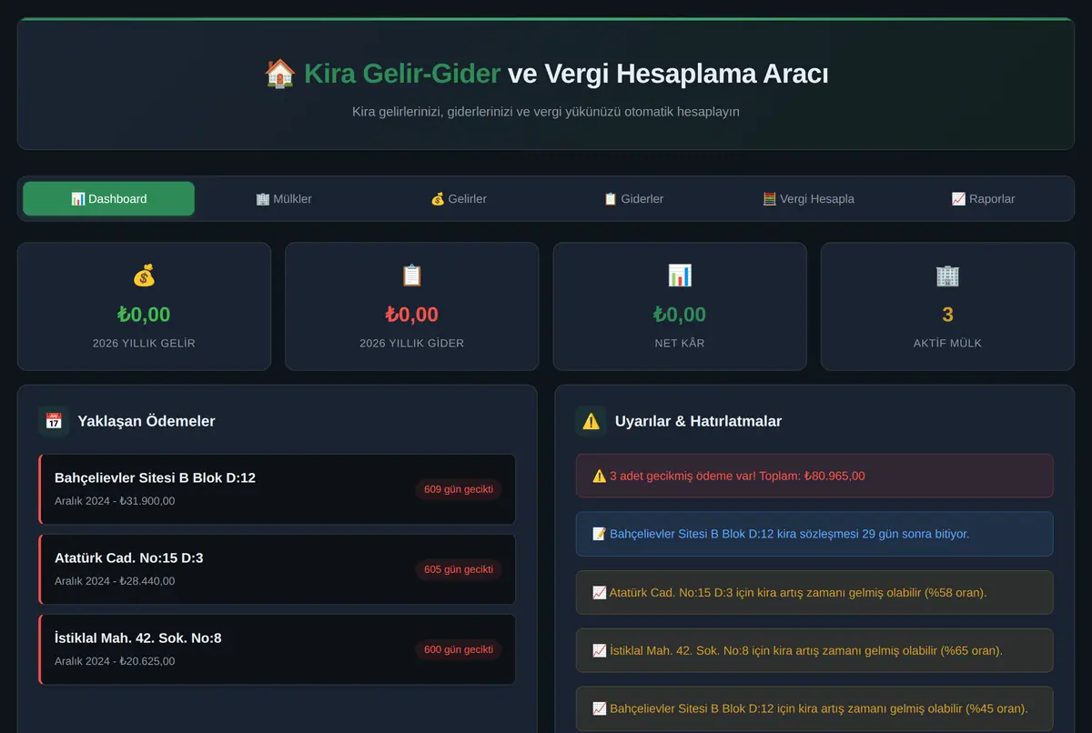 Kira Gelir-Gider ve Vergi Hesaplama Aracı ekran görüntüsü 2
