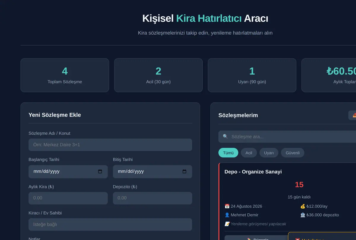 Kişisel Kira Hatırlatıcı Aracı ekran görüntüsü