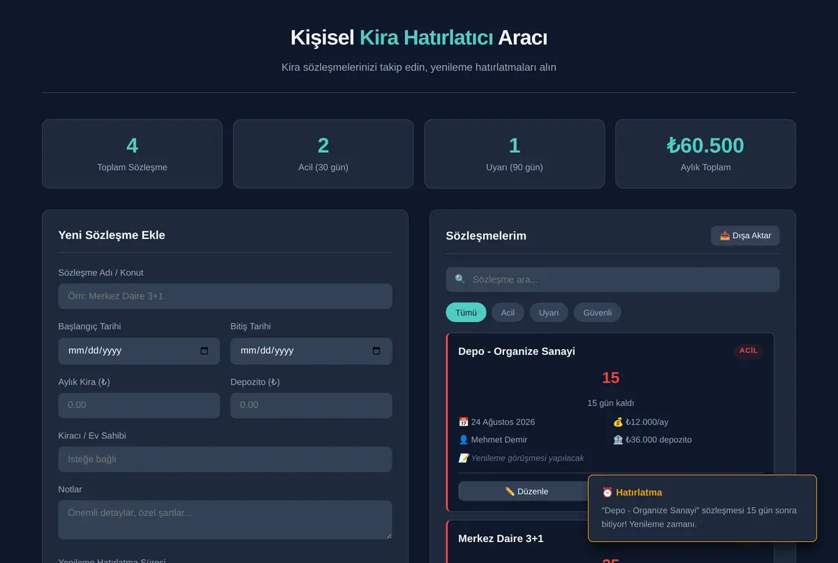 Kişisel Kira Hatırlatıcı Aracı ekran görüntüsü 2