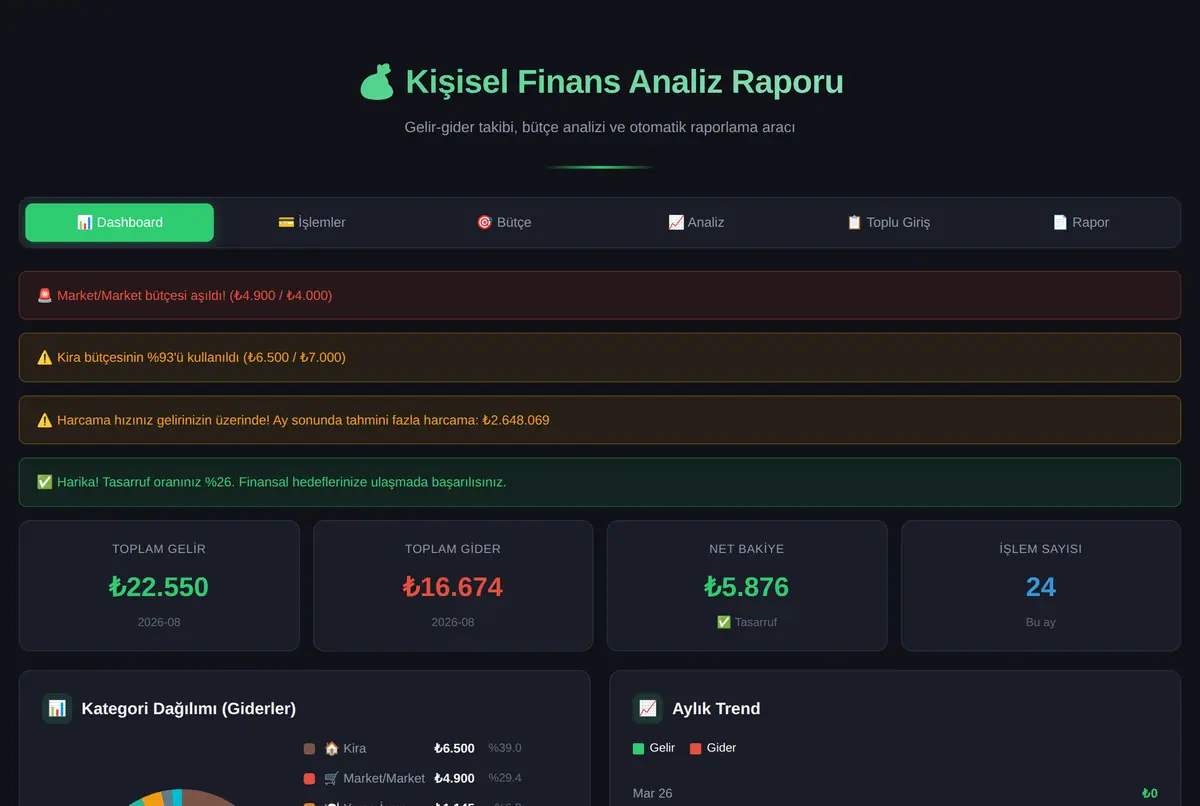 Kişisel Finans Analiz Raporu Aracı ekran görüntüsü 2