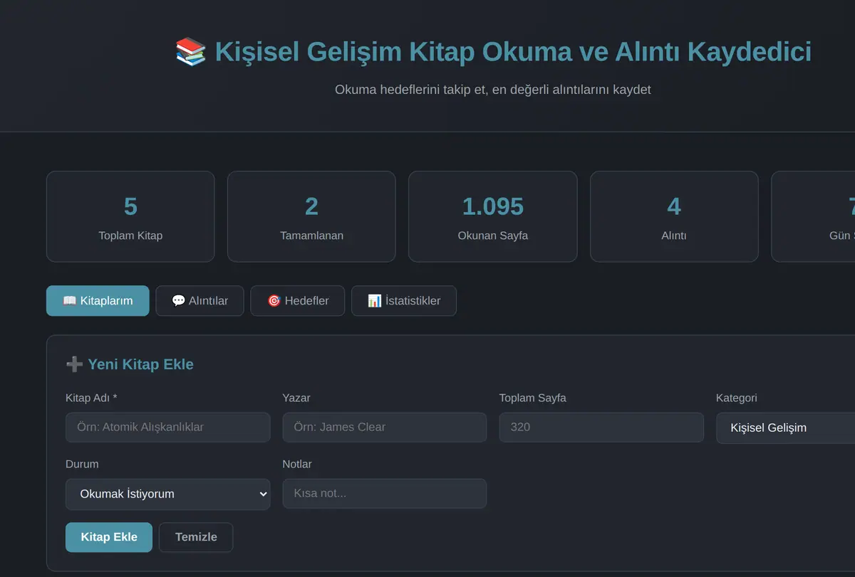 Kişisel Gelişim Kitap Okuma ve Alıntı Kaydedici ekran görüntüsü