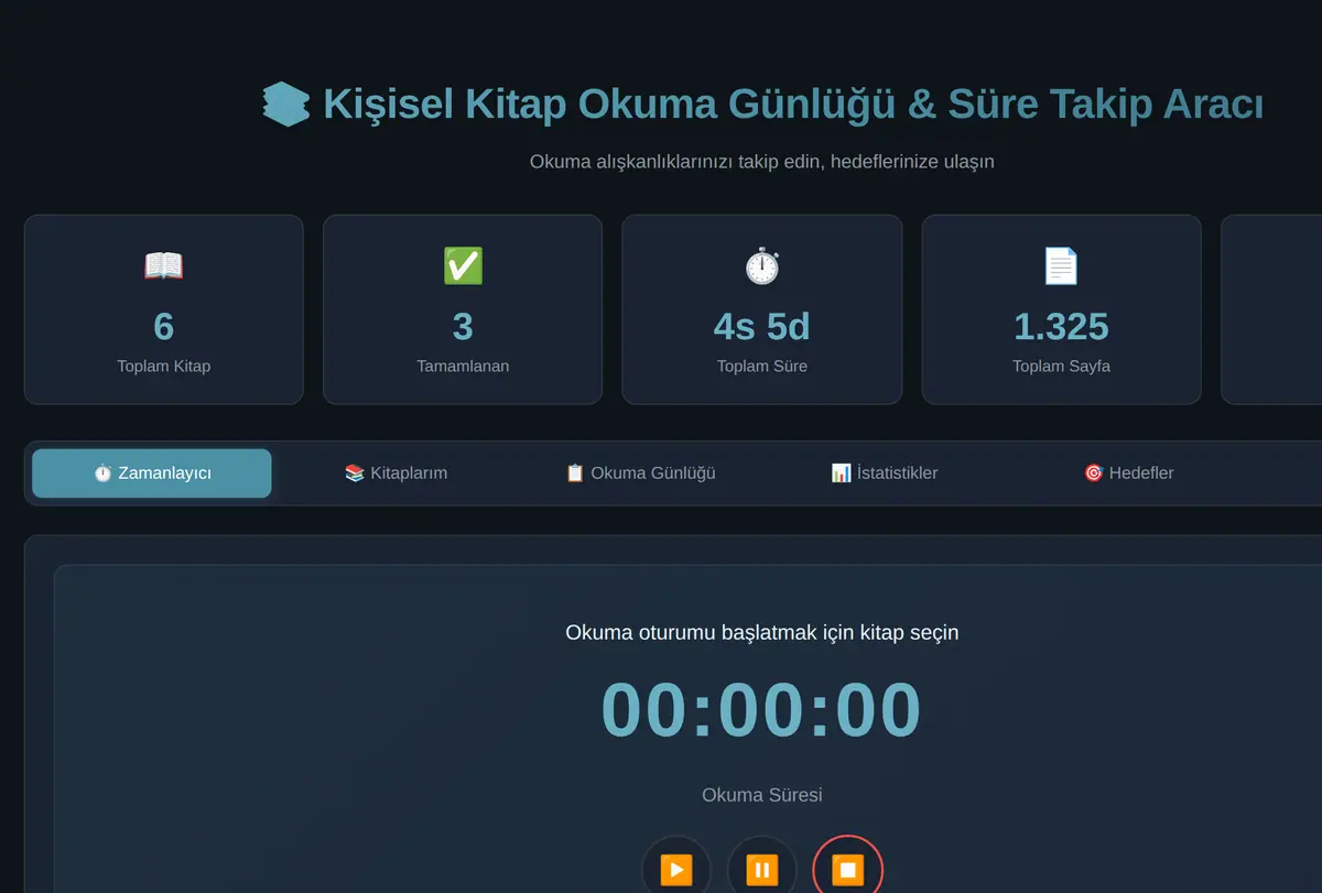 Kişisel Kitap Okuma Günlüğü & Süre Takip Aracı ekran görüntüsü