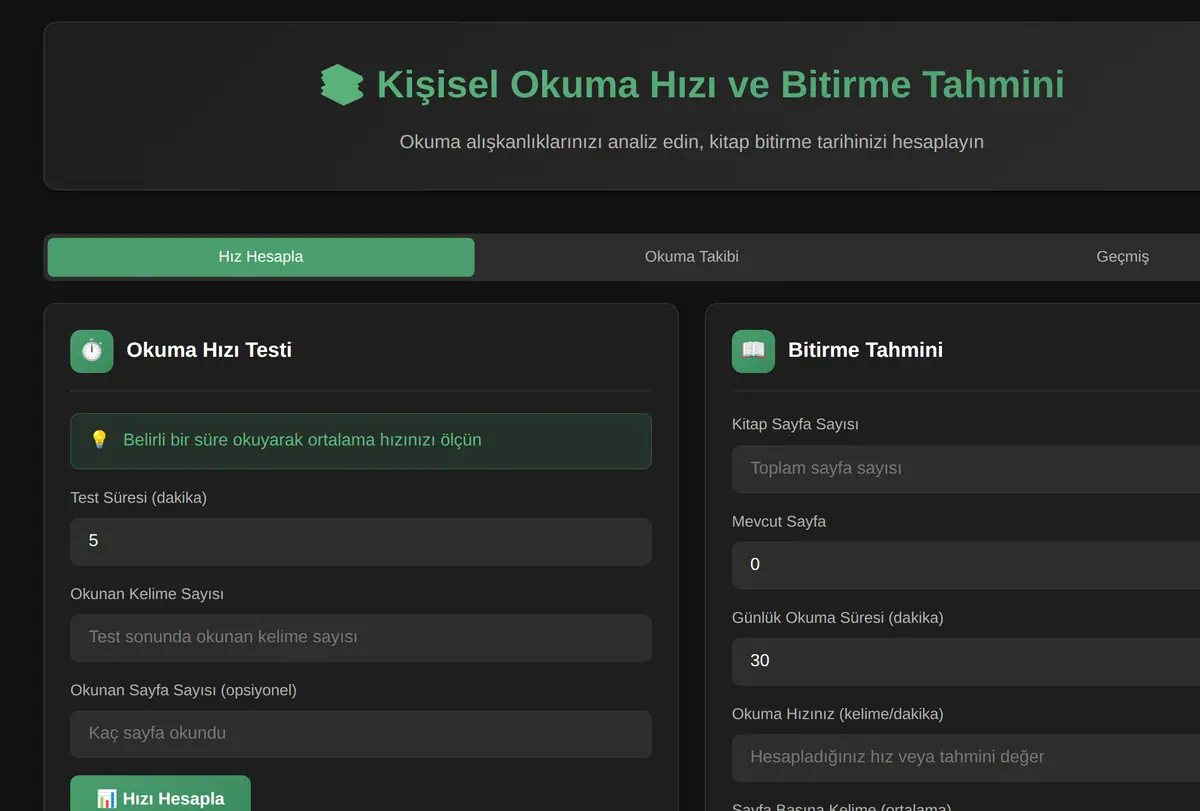 Kişisel Okuma Hızı ve Bitirme Tahmini Hesaplayıcı ekran görüntüsü