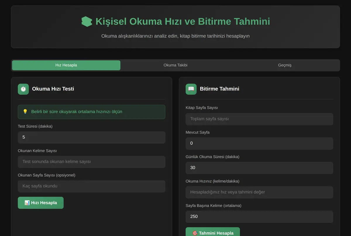Kişisel Okuma Hızı ve Bitirme Tahmini Hesaplayıcı ekran görüntüsü 2