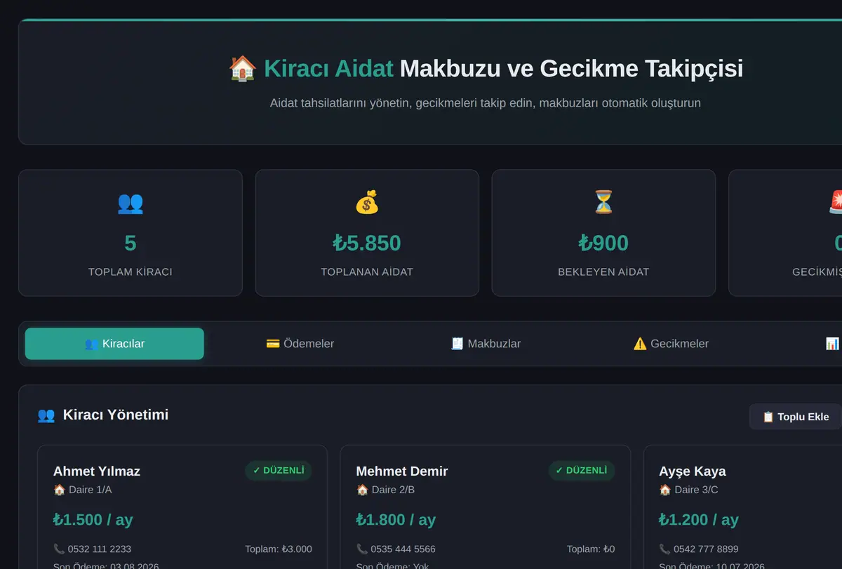 Kiracı Aidat Makbuzu ve Gecikme Takipçisi ekran görüntüsü
