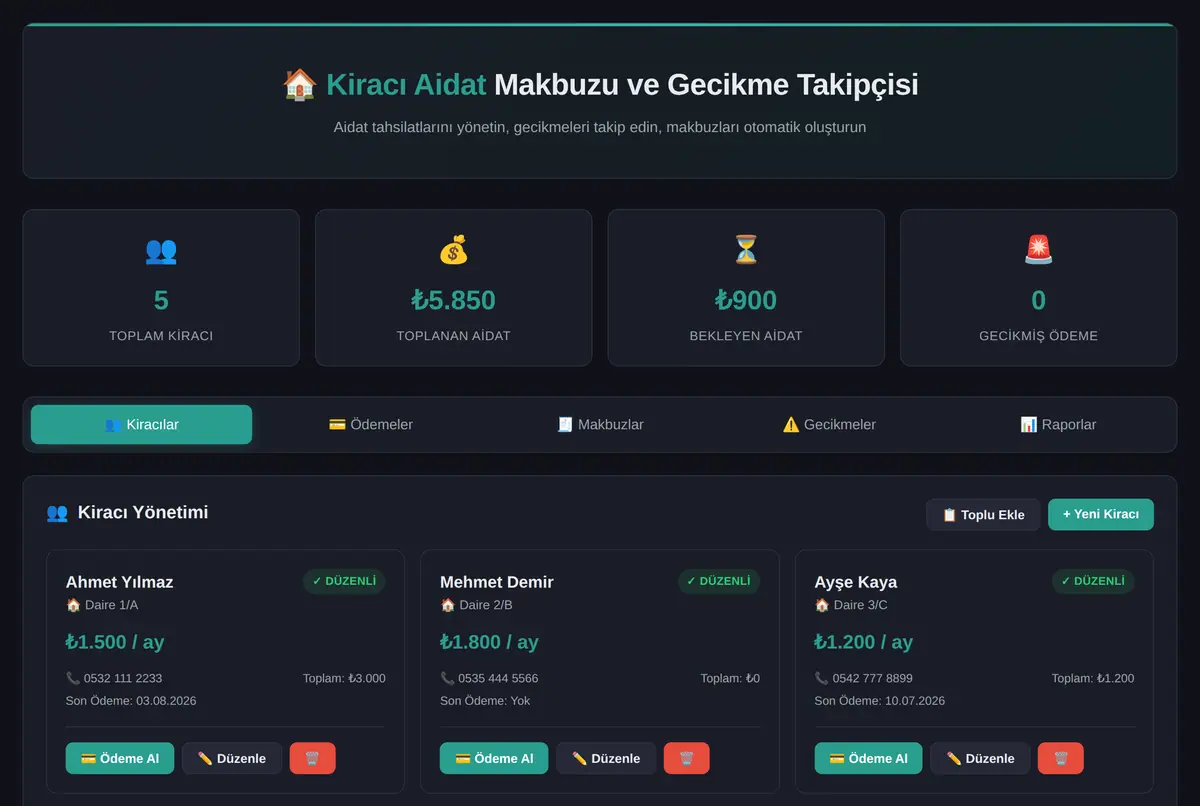 Kiracı Aidat Makbuzu ve Gecikme Takipçisi ekran görüntüsü 2