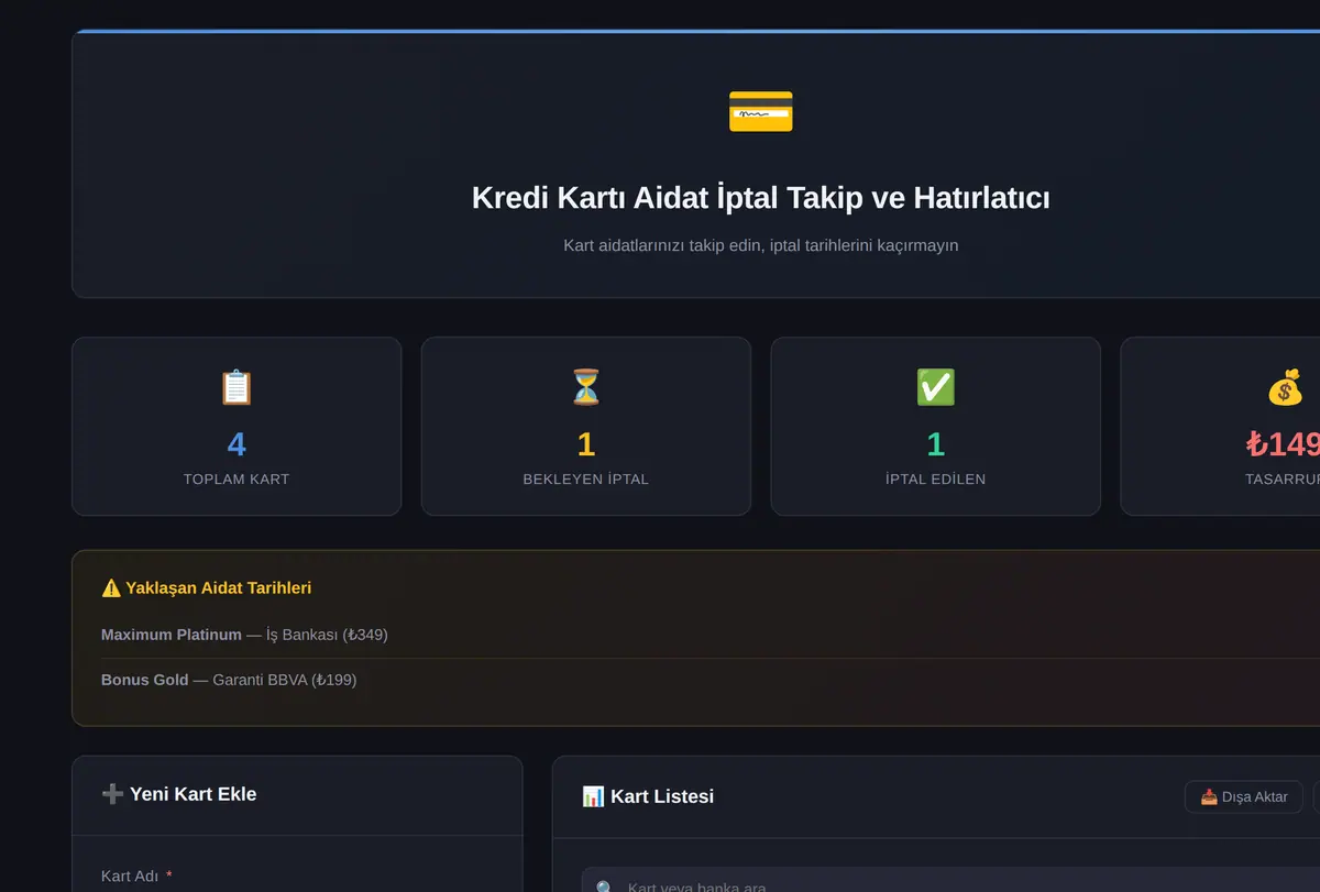Kredi Kartı Aidat İptal Takip ve Hatırlatıcı ekran görüntüsü