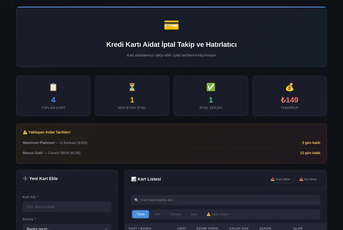 Kredi Kartı Aidat İptal Takip ve Hatırlatıcı ekran görüntüsü 2