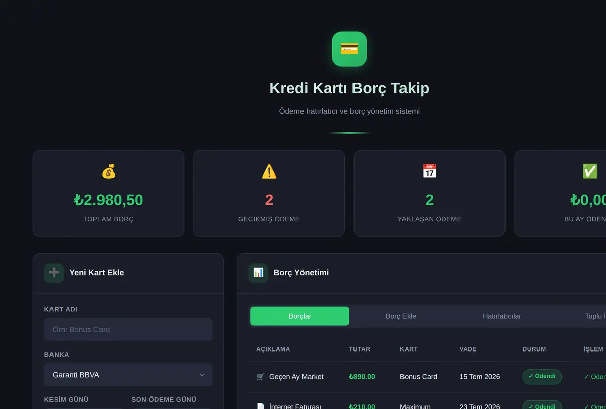 Kredi Kartı Borç Takip ve Ödeme Hatırlatıcı ekran görüntüsü