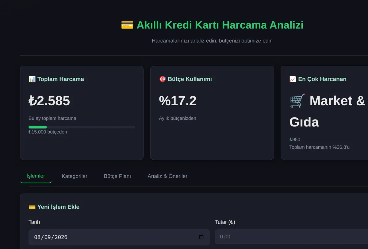 Akıllı Kredi Kartı Harcama Analizi ve Bütçe Planlayıcı ekran görüntüsü