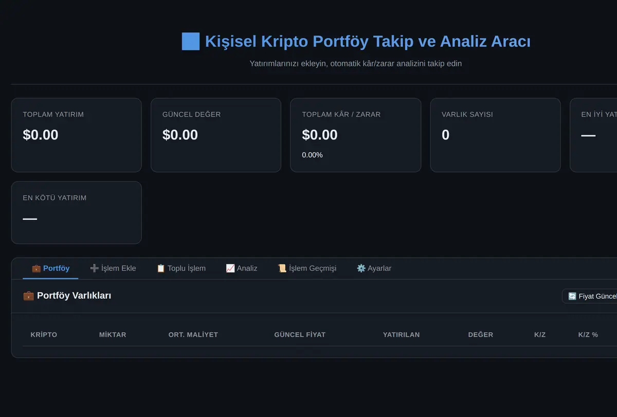 Kişisel Kripto Portföy Takip ve Analiz Aracı ekran görüntüsü