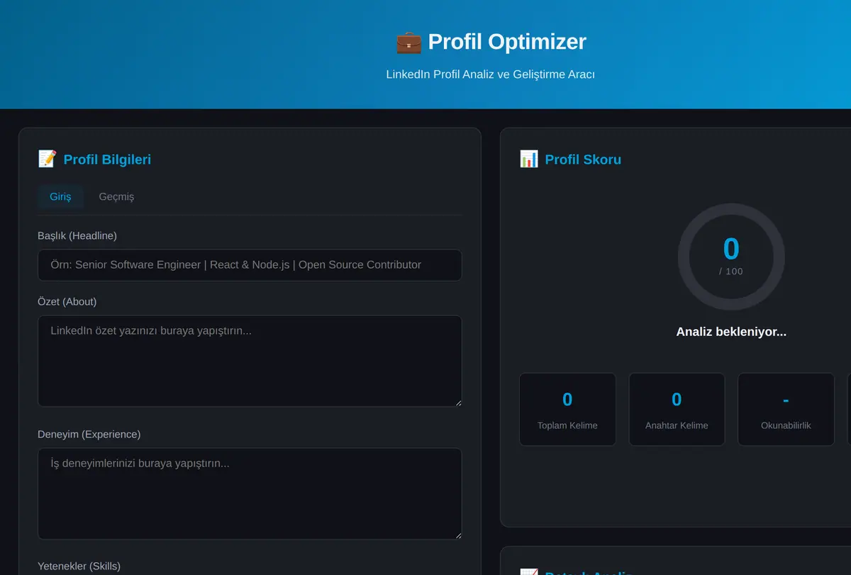 Profil Optimizer: LinkedIn Analiz ve Geliştirme ekran görüntüsü