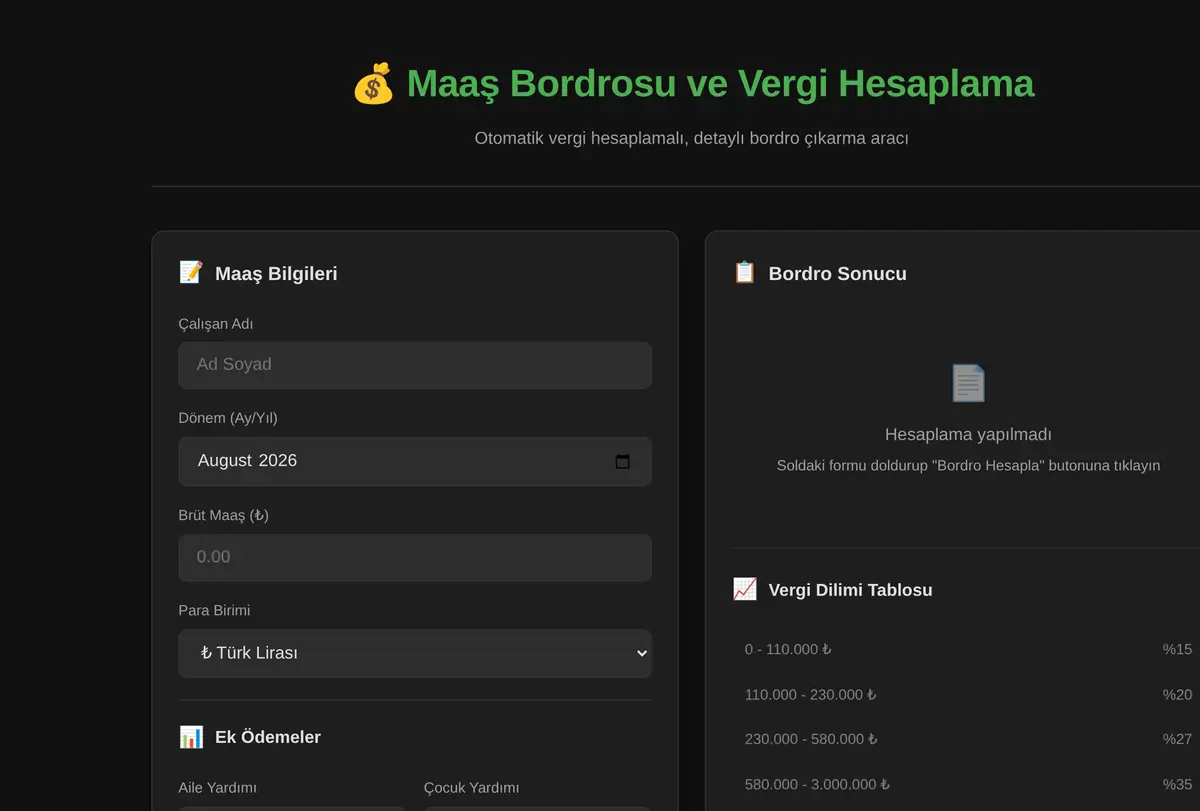 Maaş Bordrosu ve Vergi Hesaplama Aracı ekran görüntüsü
