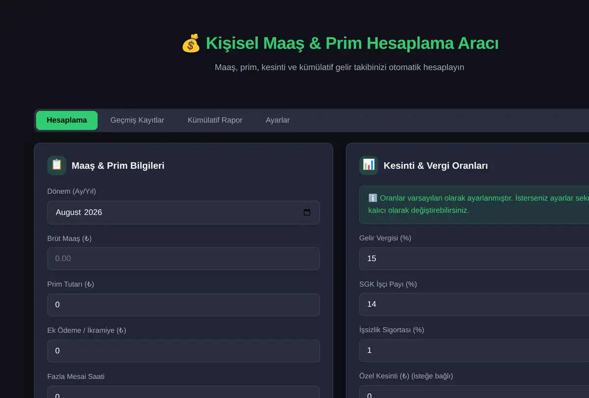 Kişisel Maaş & Prim Hesaplama Aracı ekran görüntüsü
