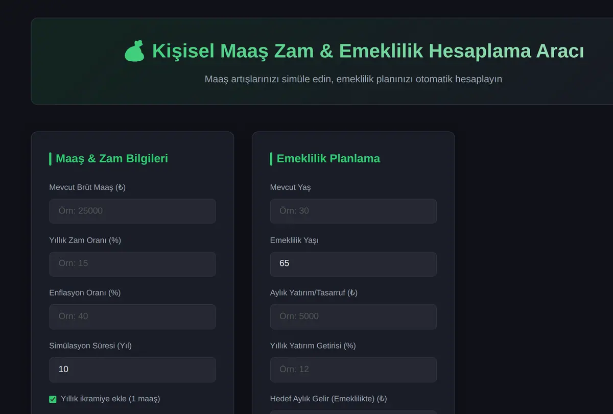 Kişisel Maaş Zam & Emeklilik Hesaplama Aracı ekran görüntüsü