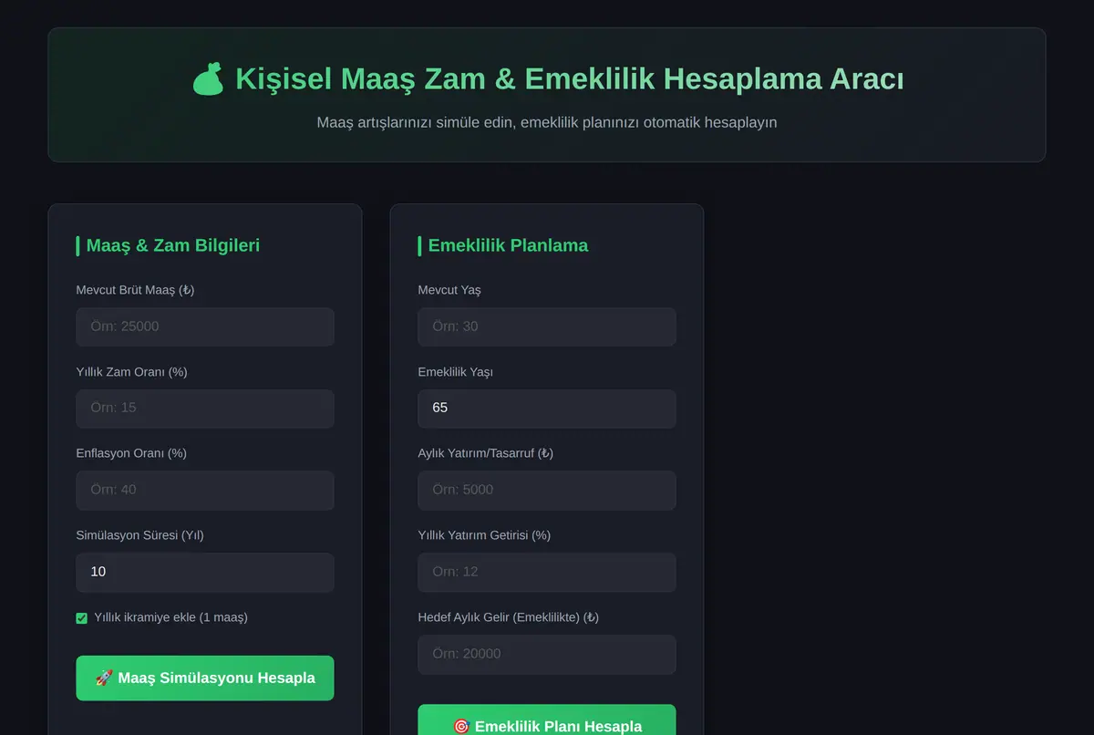 Kişisel Maaş Zam & Emeklilik Hesaplama Aracı ekran görüntüsü 2