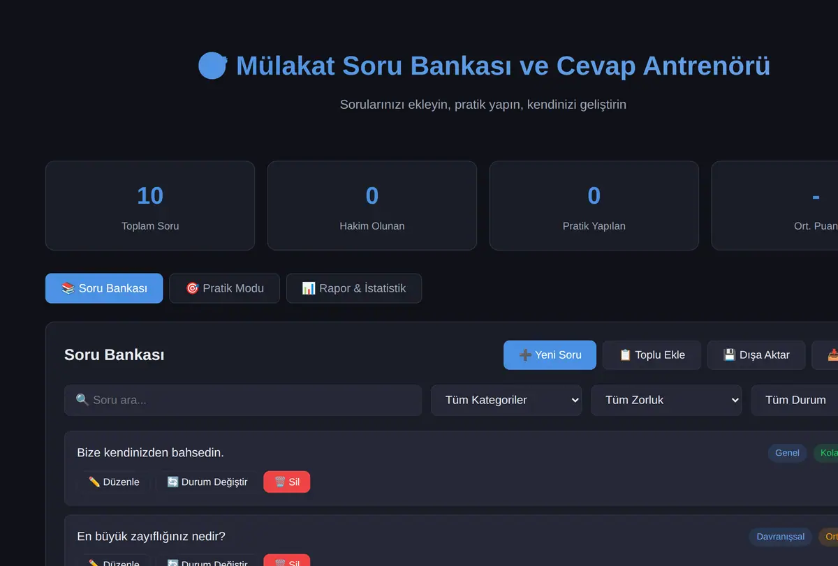 Kişisel Mülakat Soru Bankası ve Cevap Antrenörü ekran görüntüsü