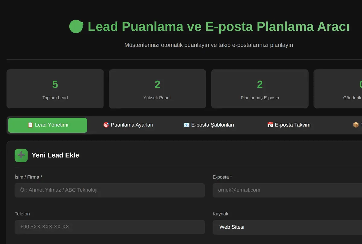 Lead Puanlama ve E-posta Planlama Aracı ekran görüntüsü