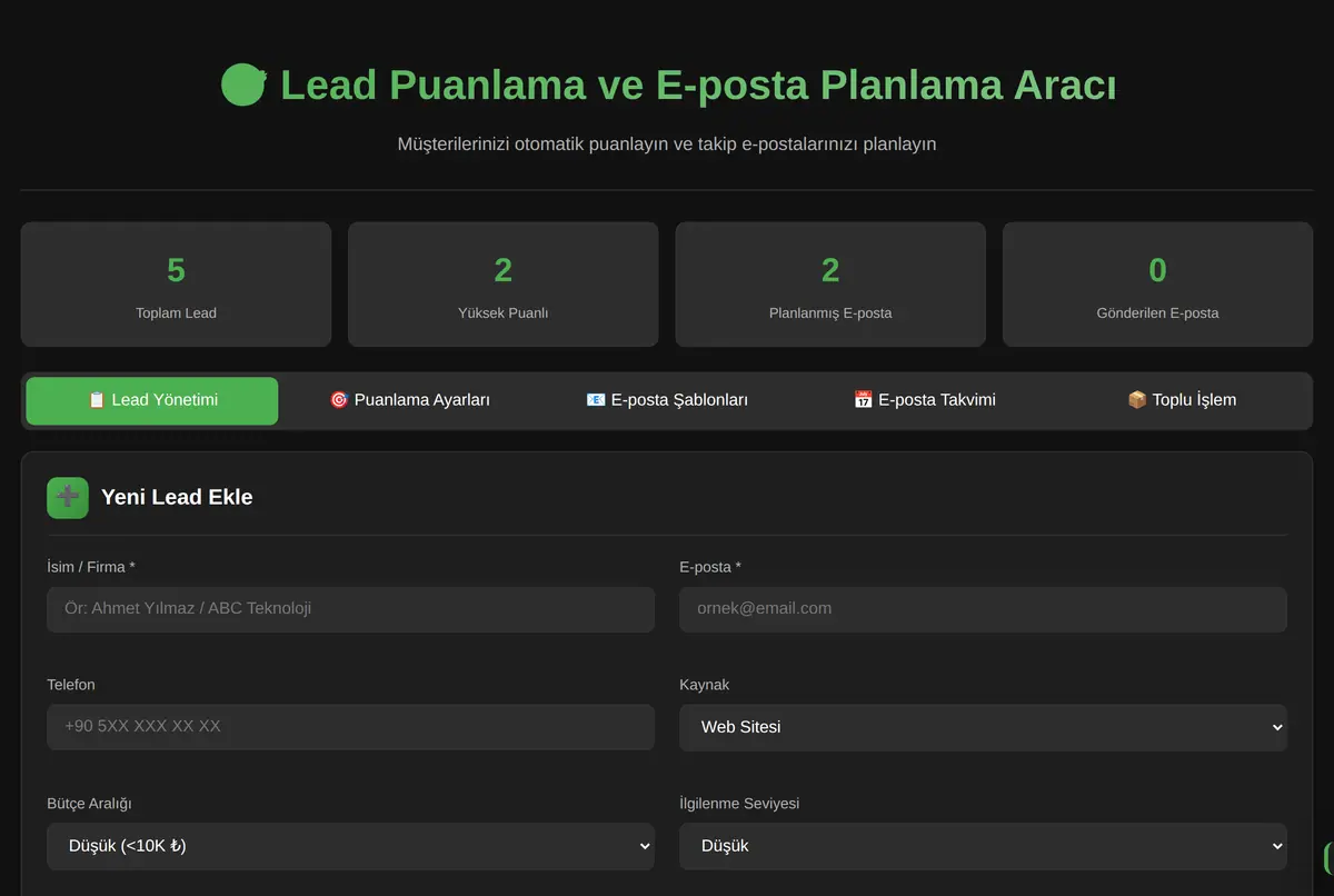 Lead Puanlama ve E-posta Planlama Aracı ekran görüntüsü 2