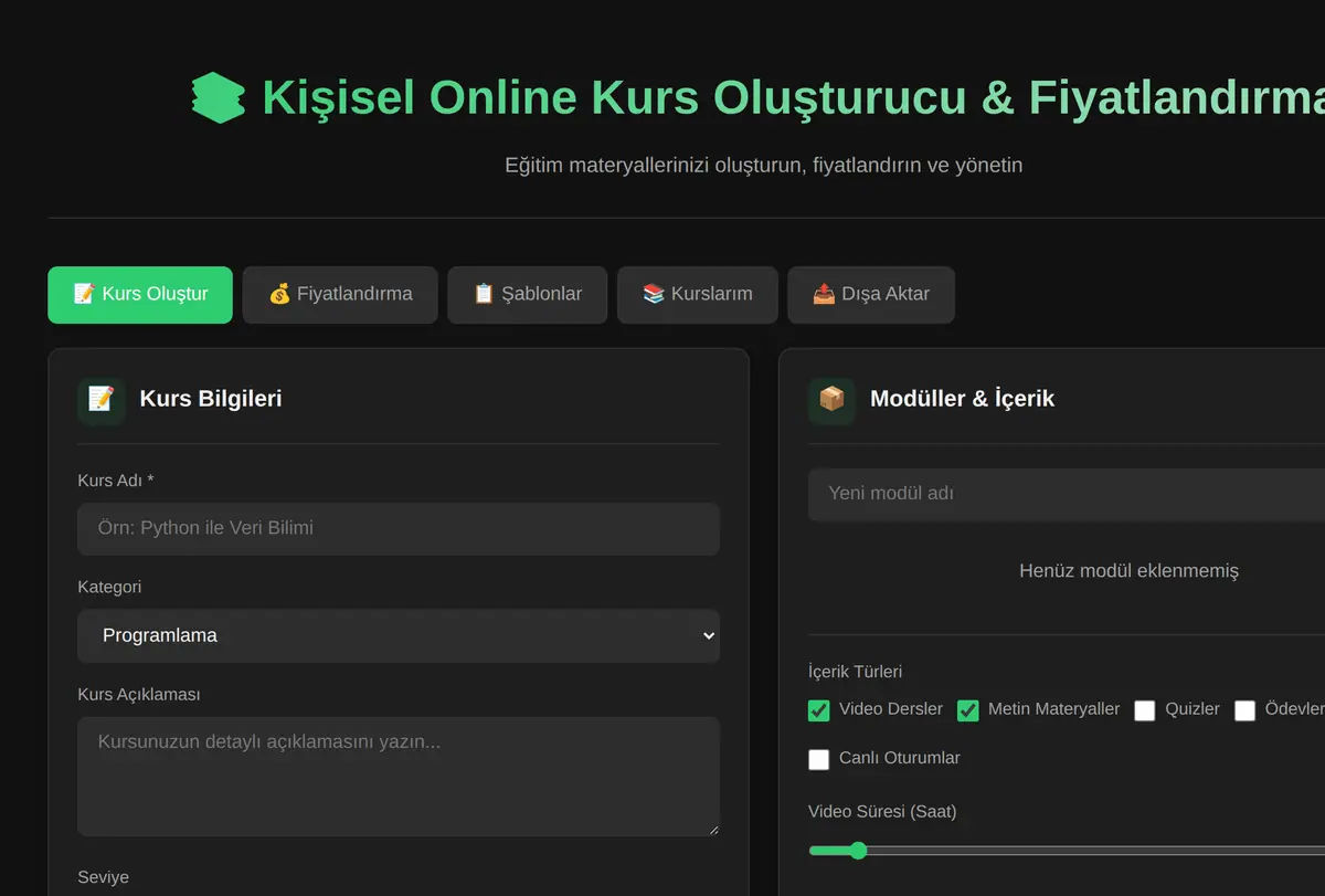 Kişisel Online Kurs Oluşturucu & Fiyatlandırma ekran görüntüsü