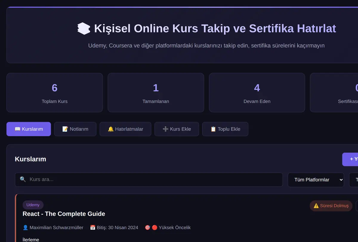 Kişisel Online Kurs Takip ve Sertifika Hatırlat ekran görüntüsü