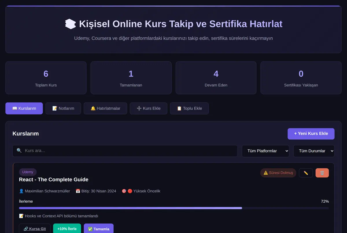 Kişisel Online Kurs Takip ve Sertifika Hatırlat ekran görüntüsü 2