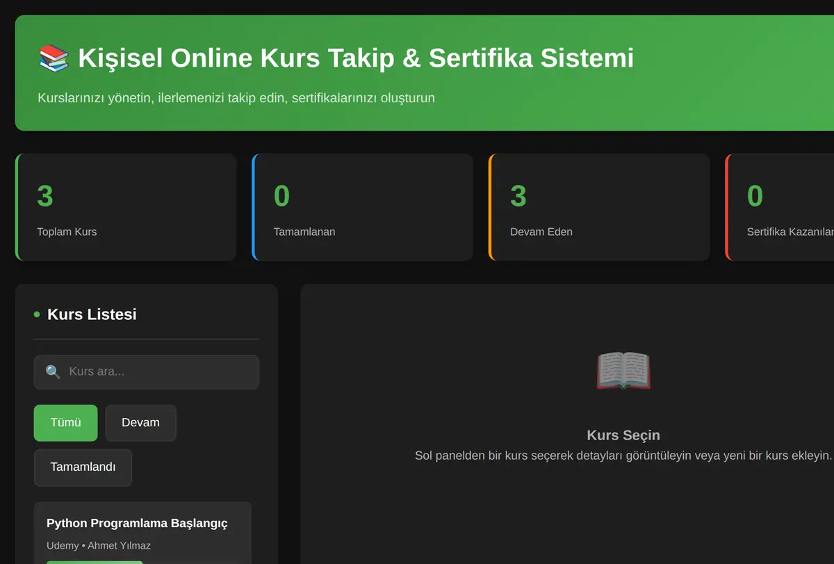 Kişisel Online Kurs Takip & Sertifika Sistemi ekran görüntüsü