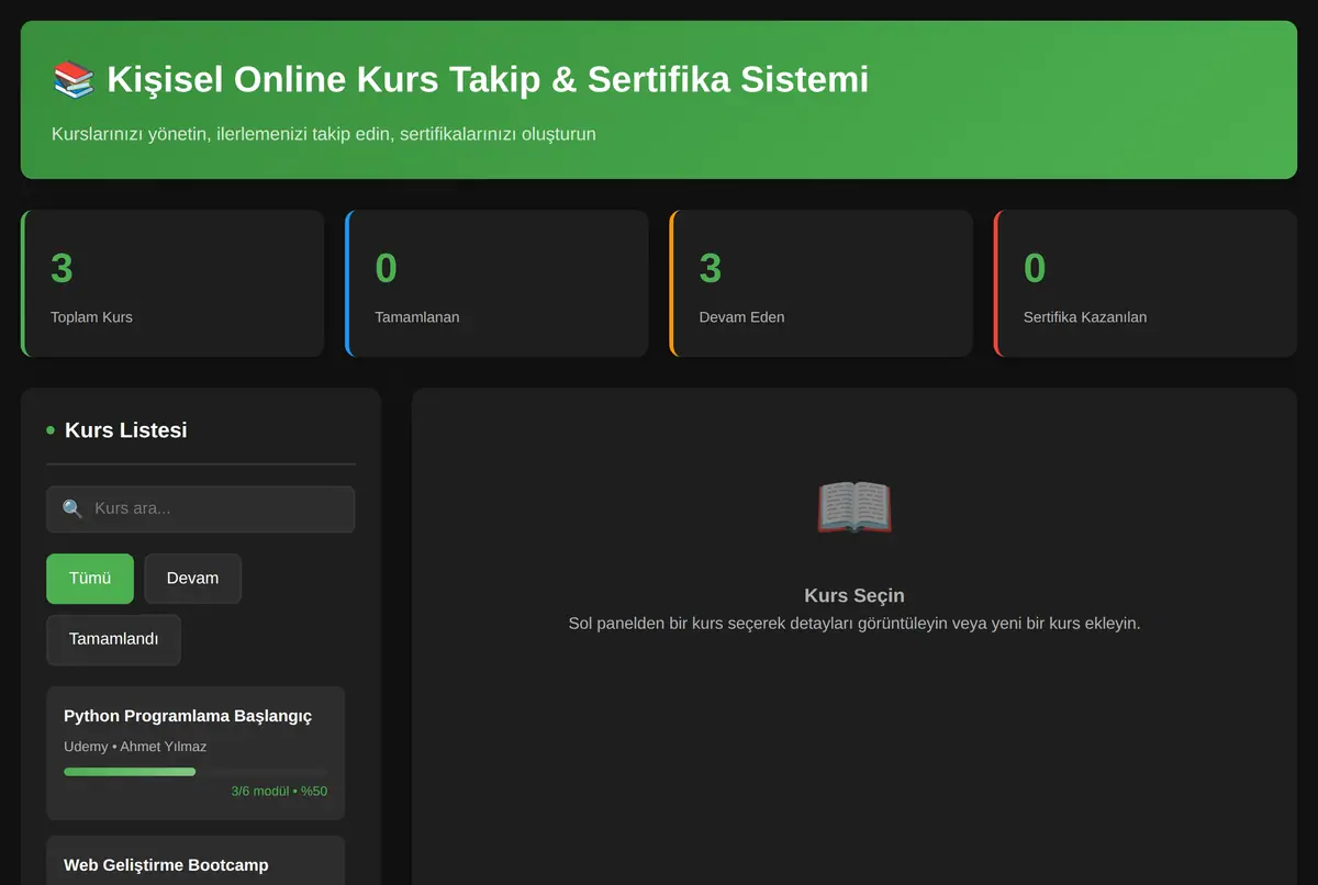 Kişisel Online Kurs Takip & Sertifika Sistemi ekran görüntüsü 2