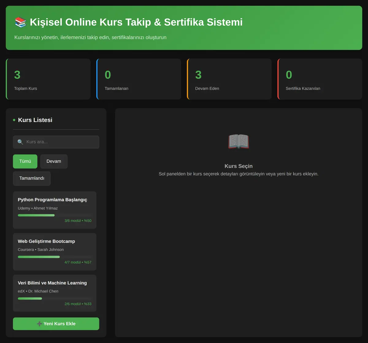 Kişisel Online Kurs Takip & Sertifika Sistemi ekran görüntüsü 3