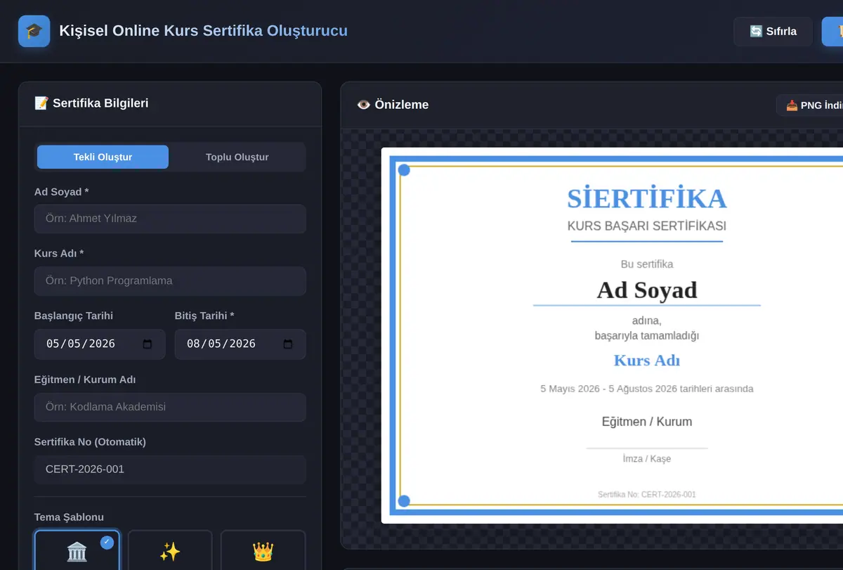 Kişisel Online Kurs Sertifika Oluşturucu ekran görüntüsü