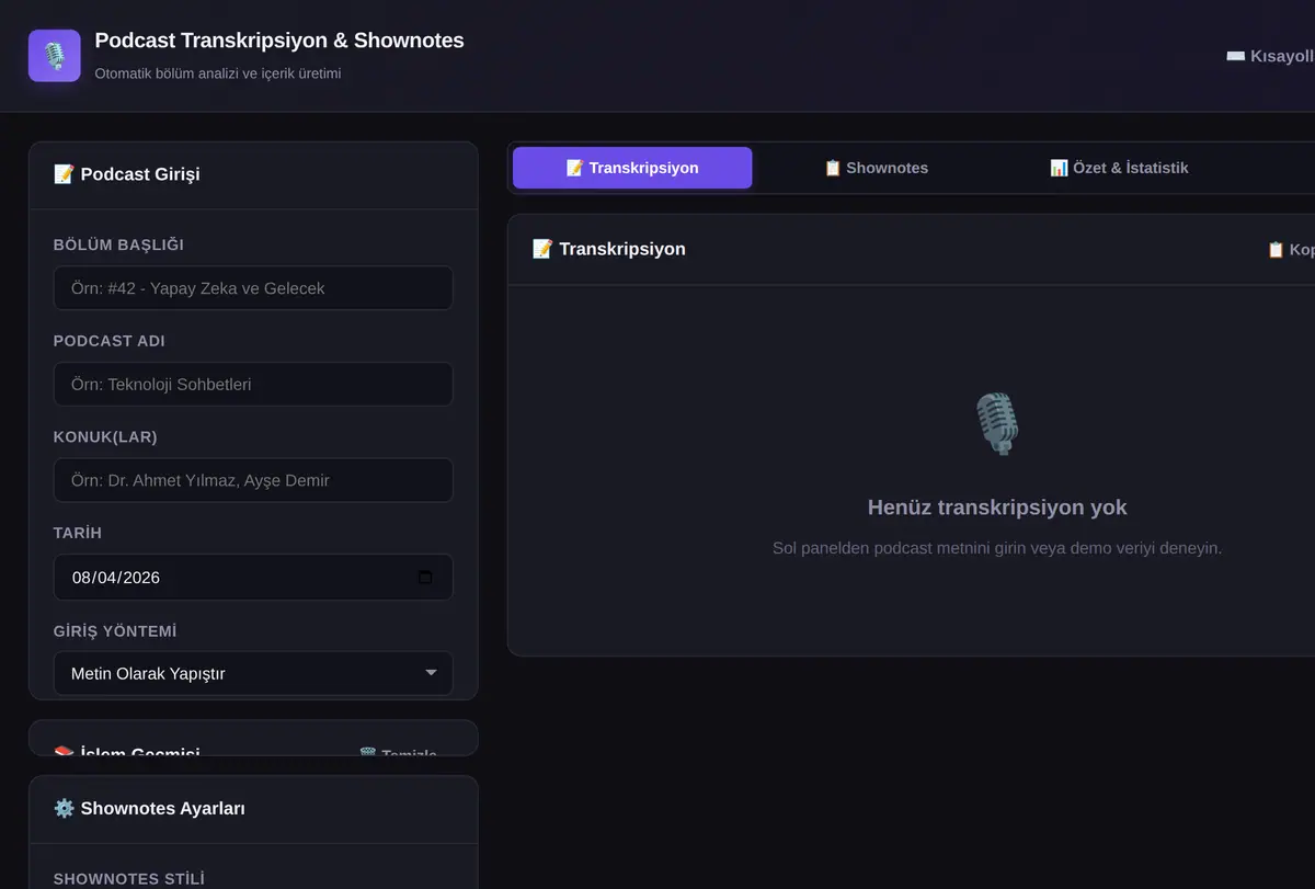 Podcast Transkripsiyon ve Shownotes Üretici ekran görüntüsü