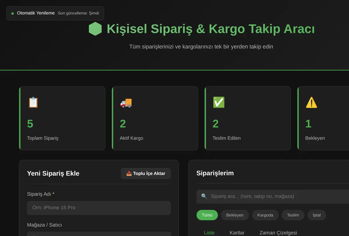 Kişisel Sipariş & Kargo Takip Aracı ekran görüntüsü