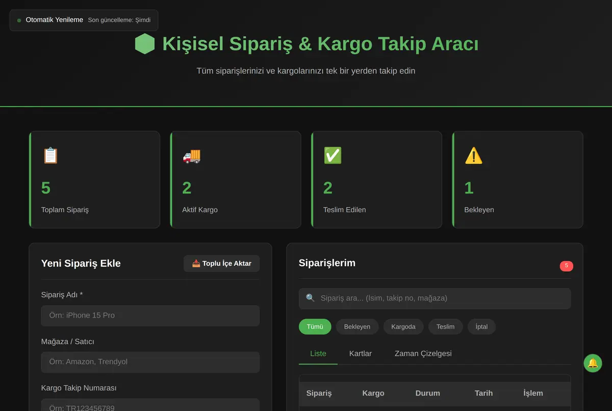 Kişisel Sipariş & Kargo Takip Aracı ekran görüntüsü 2