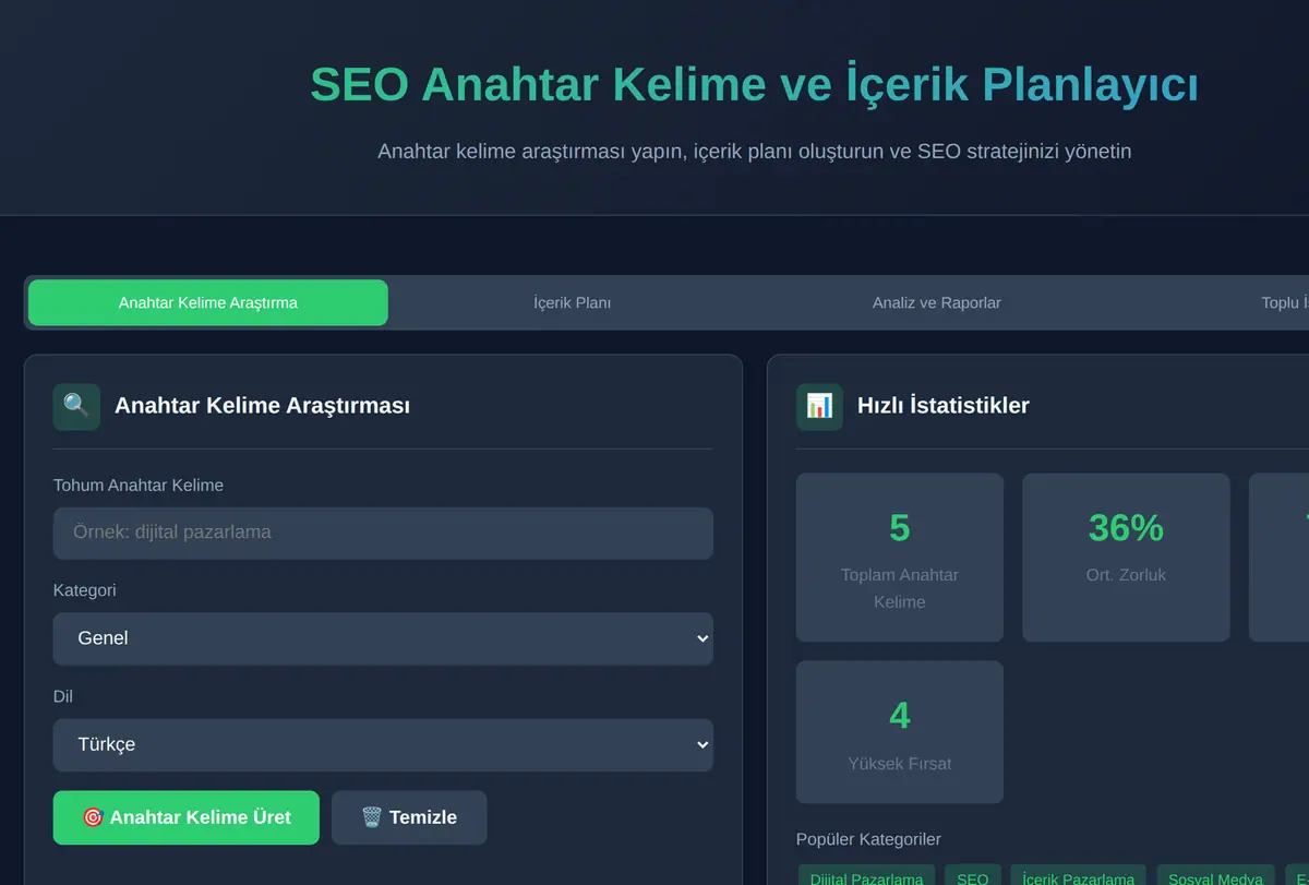 SEO Anahtar Kelime ve İçerik Planlayıcı ekran görüntüsü