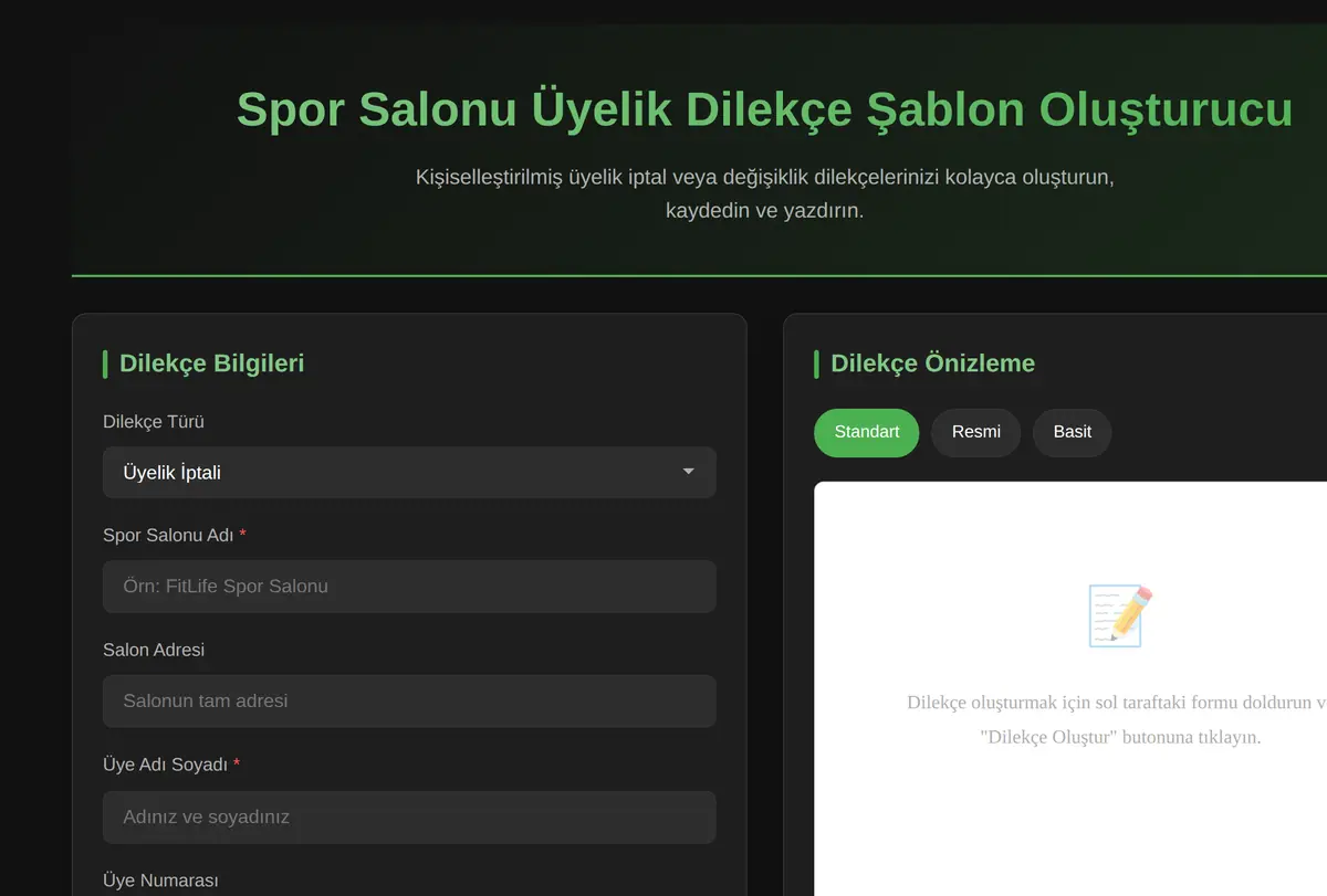 Spor Salonu Üyelik Dilekçe Şablon Oluşturucu ekran görüntüsü