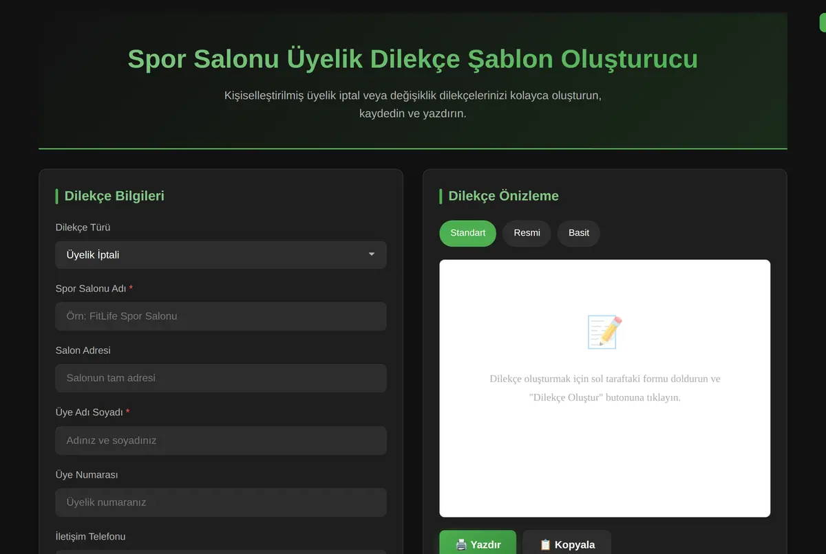 Spor Salonu Üyelik Dilekçe Şablon Oluşturucu ekran görüntüsü 2