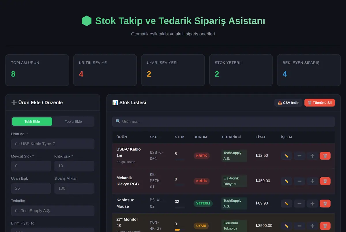 Stok Takip ve Tedarik Sipariş Asistanı ekran görüntüsü 2