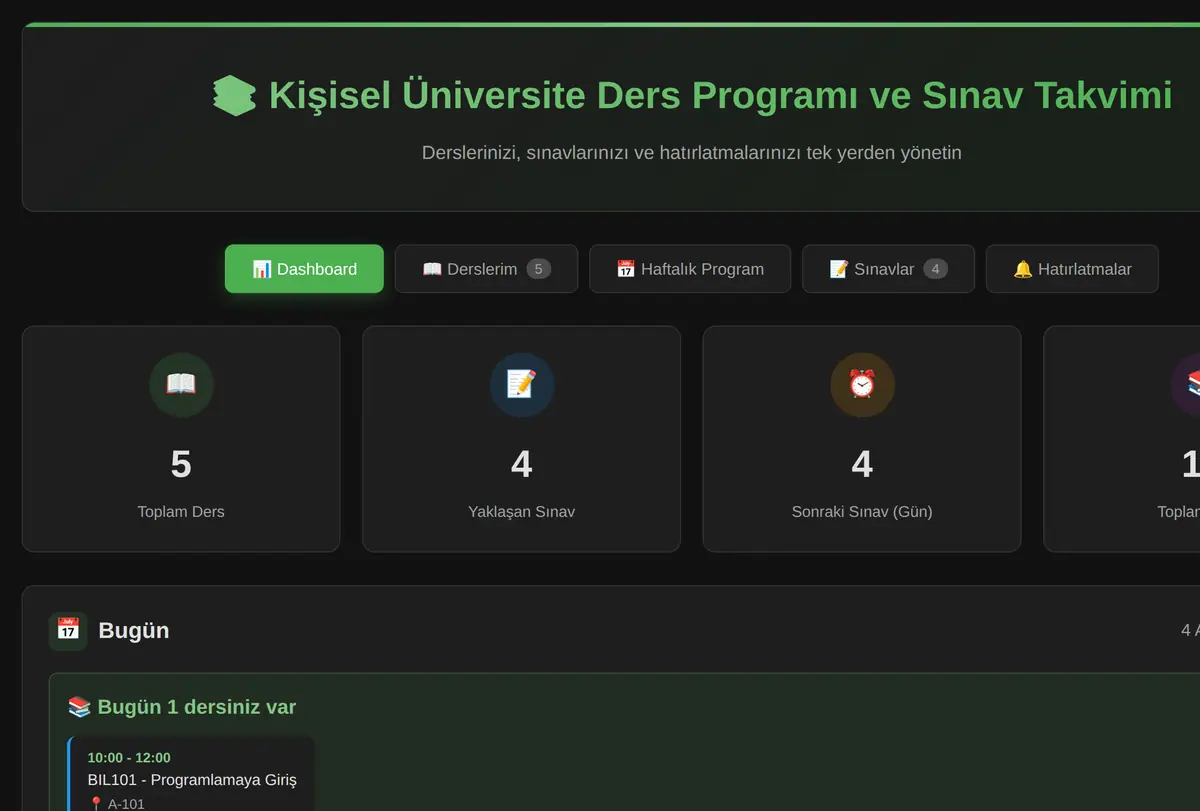 Kişisel Üniversite Ders Programı ve Sınav Takvimi ekran görüntüsü