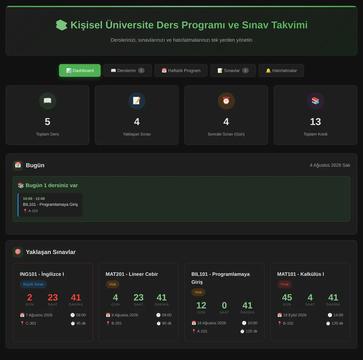 Kişisel Üniversite Ders Programı ve Sınav Takvimi ekran görüntüsü 3