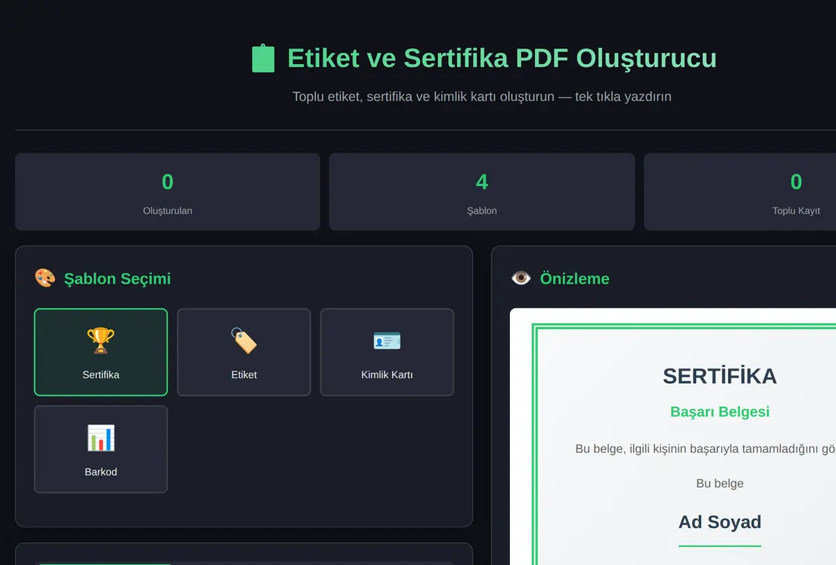 Etiket ve Sertifika PDF Oluşturucu ekran görüntüsü