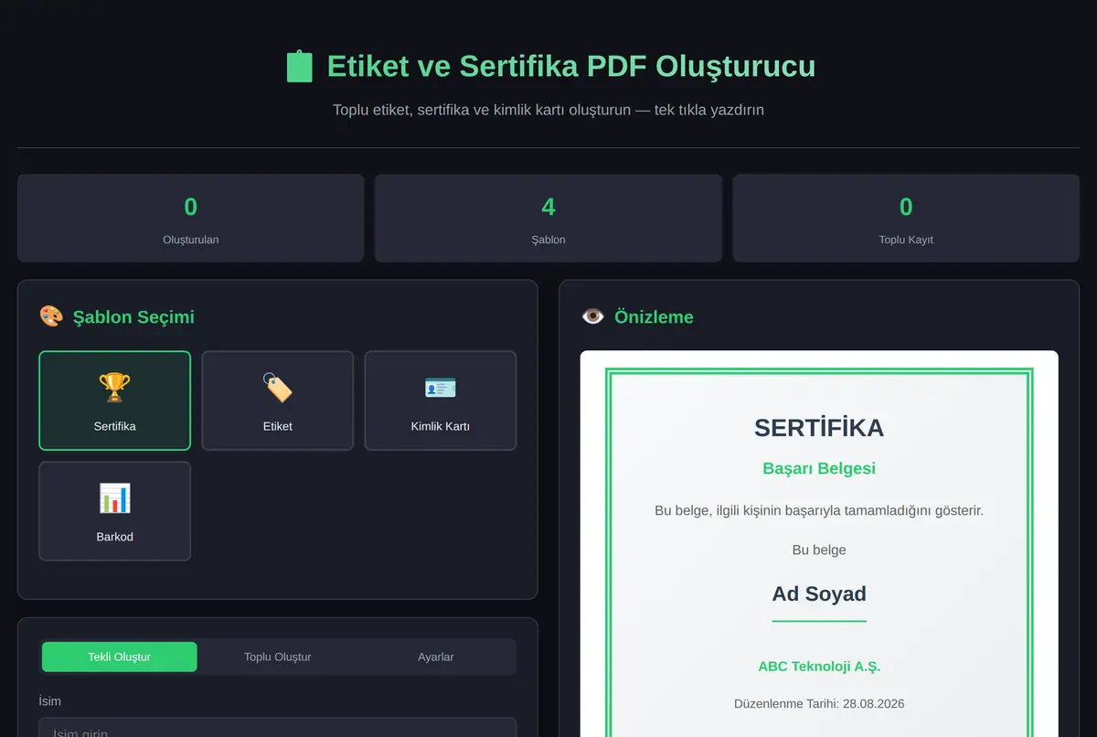 Etiket ve Sertifika PDF Oluşturucu ekran görüntüsü 2